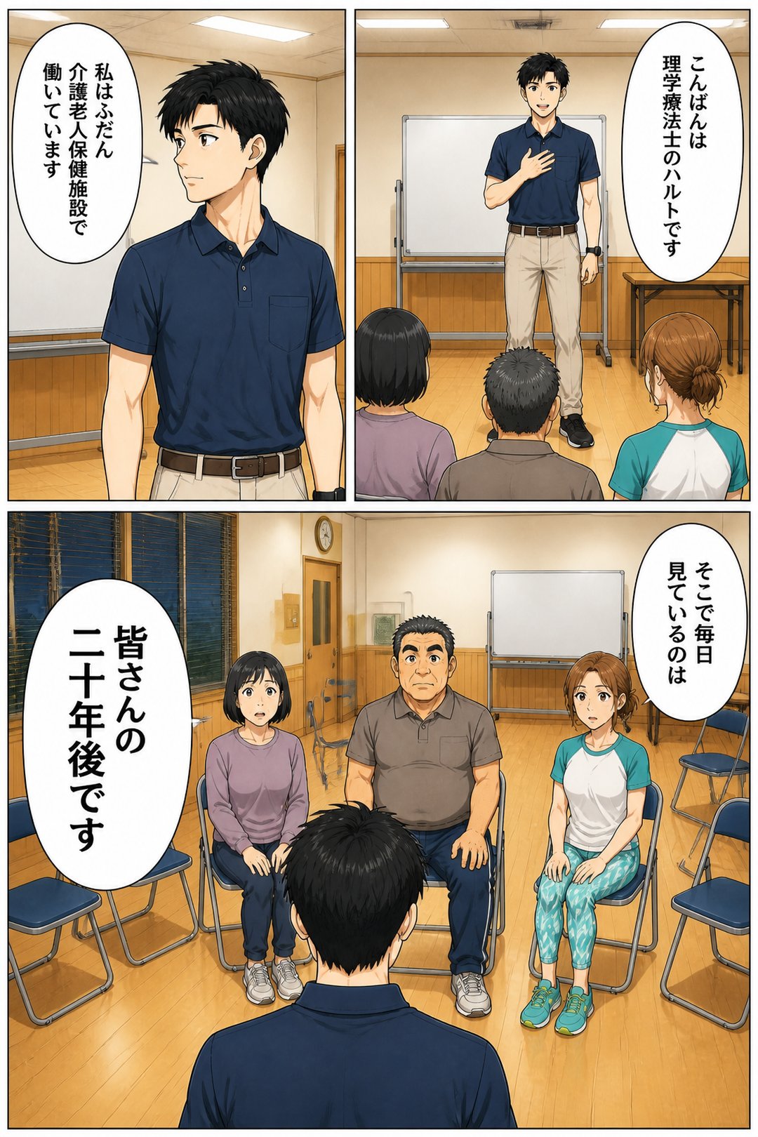 第1話マンガシーン：講師ハルトの自己紹介「皆さんの二十年後です」